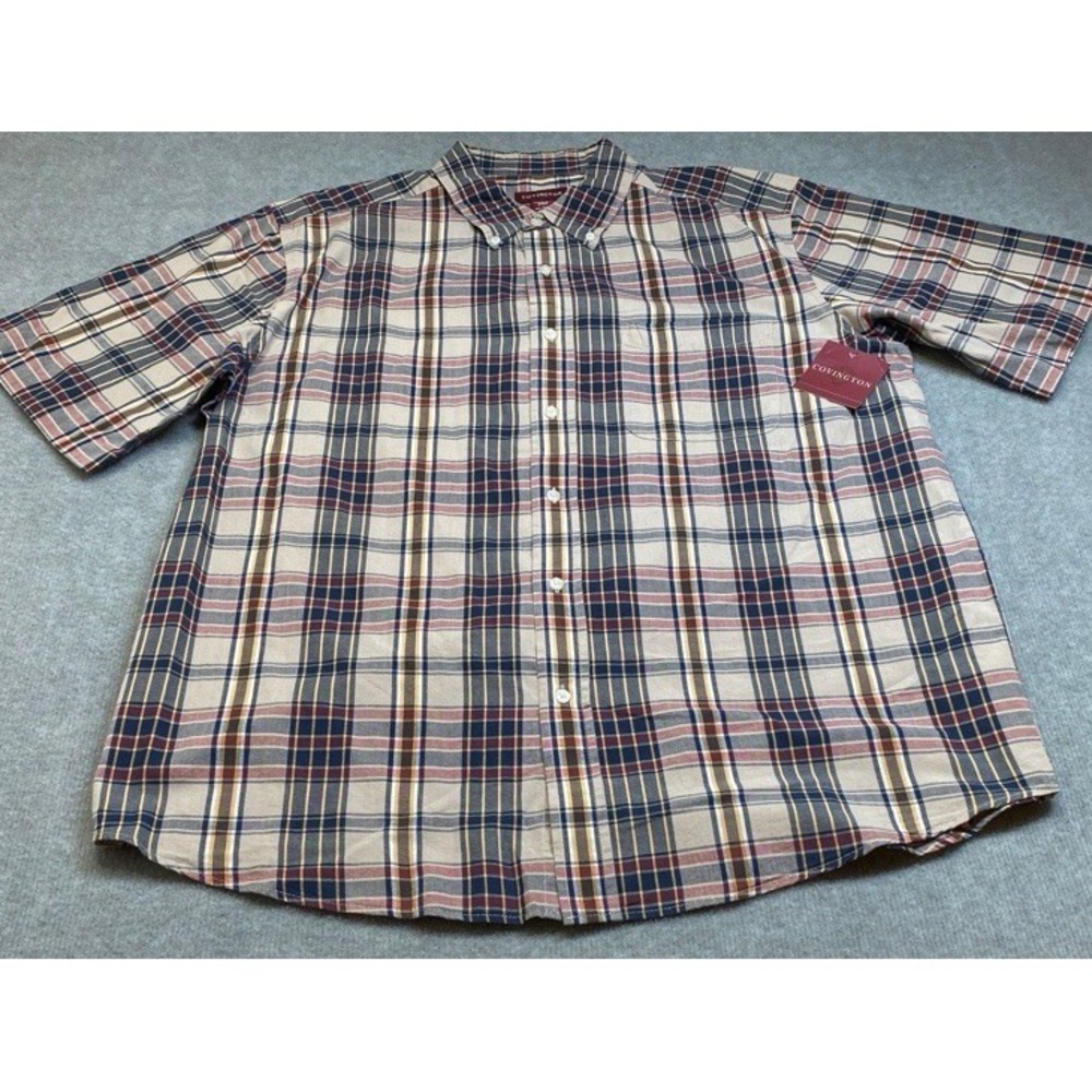 NWT Covington Button Down Shirt Mens XL Tan Navy Burgundy Plaid Short Sleeve